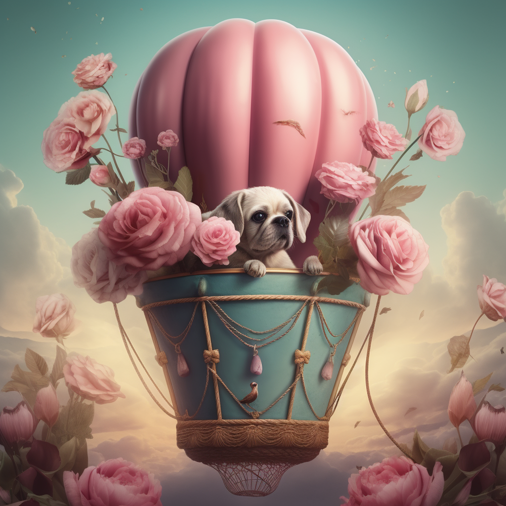 Romantic Valentine Dog in Basket with Flowers and Balloon