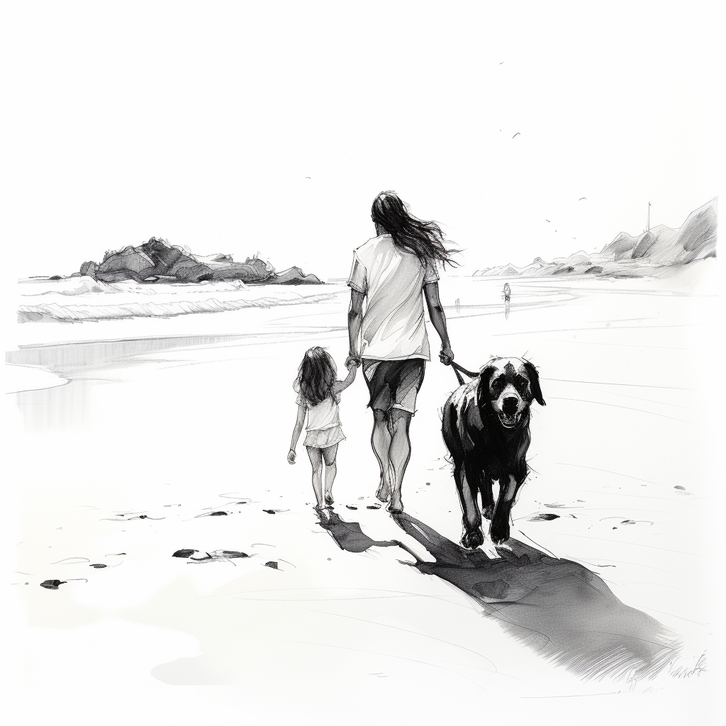 Dog walking on beach with girl