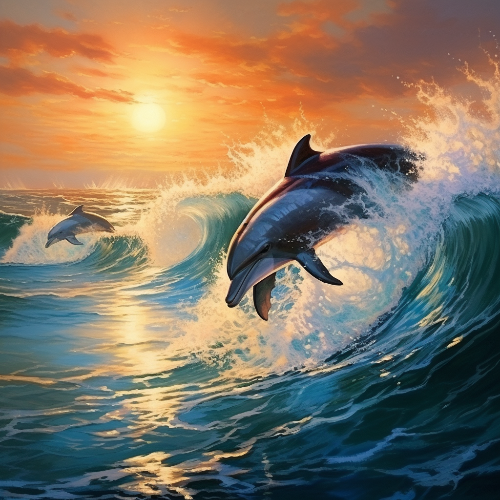 Graceful dolphins and whales in waves