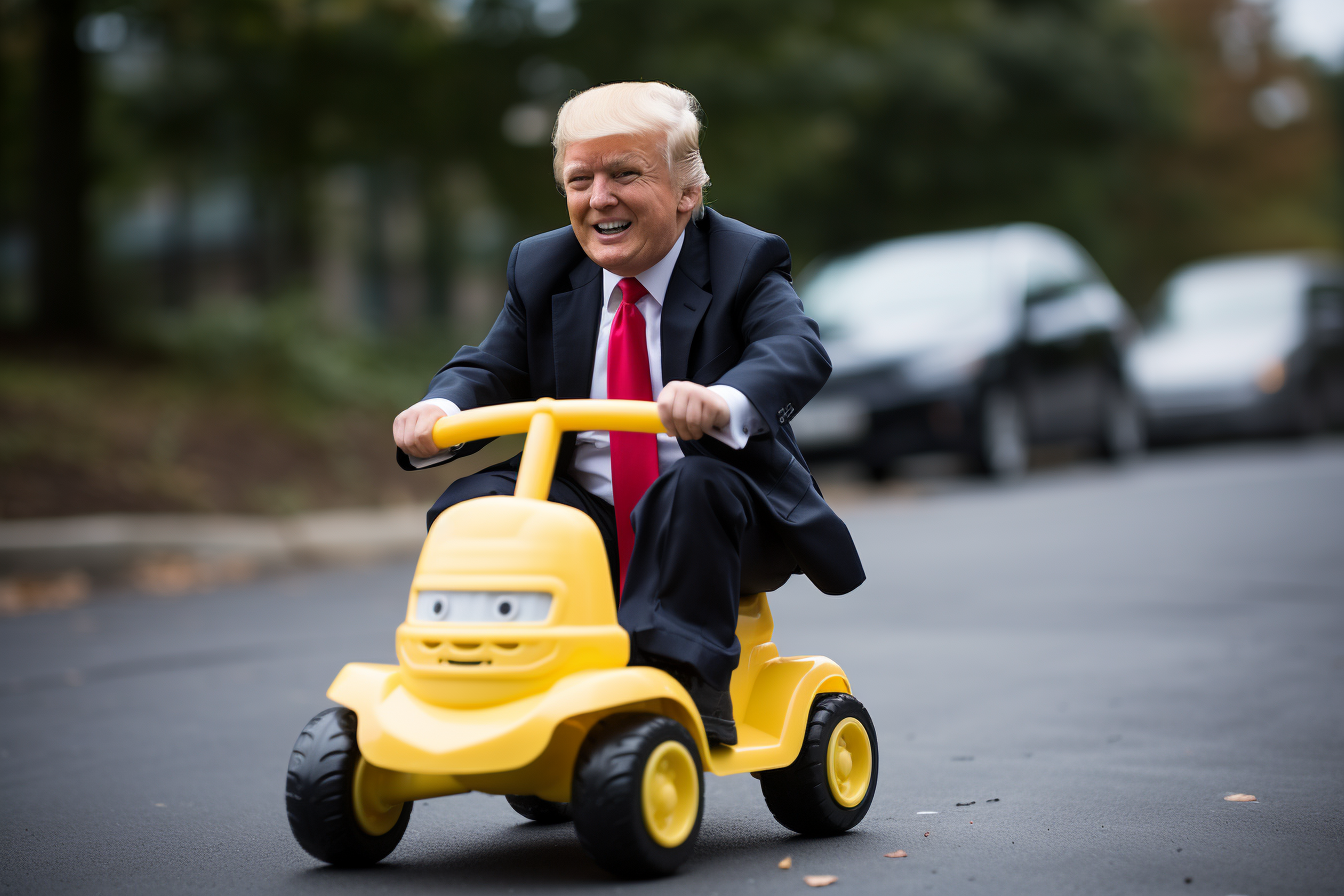 Donald Trump driving children's Little Tykes car