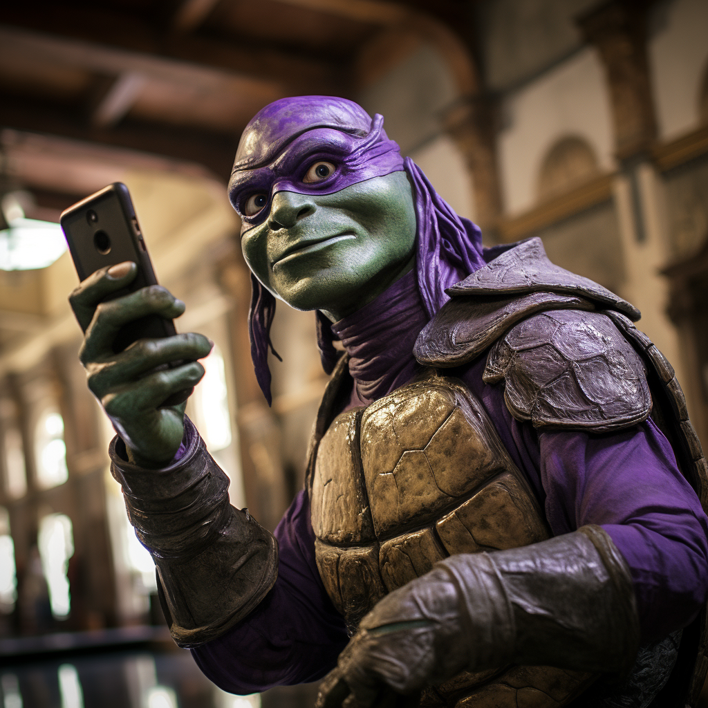 Donatello taking a selfie with iPhone