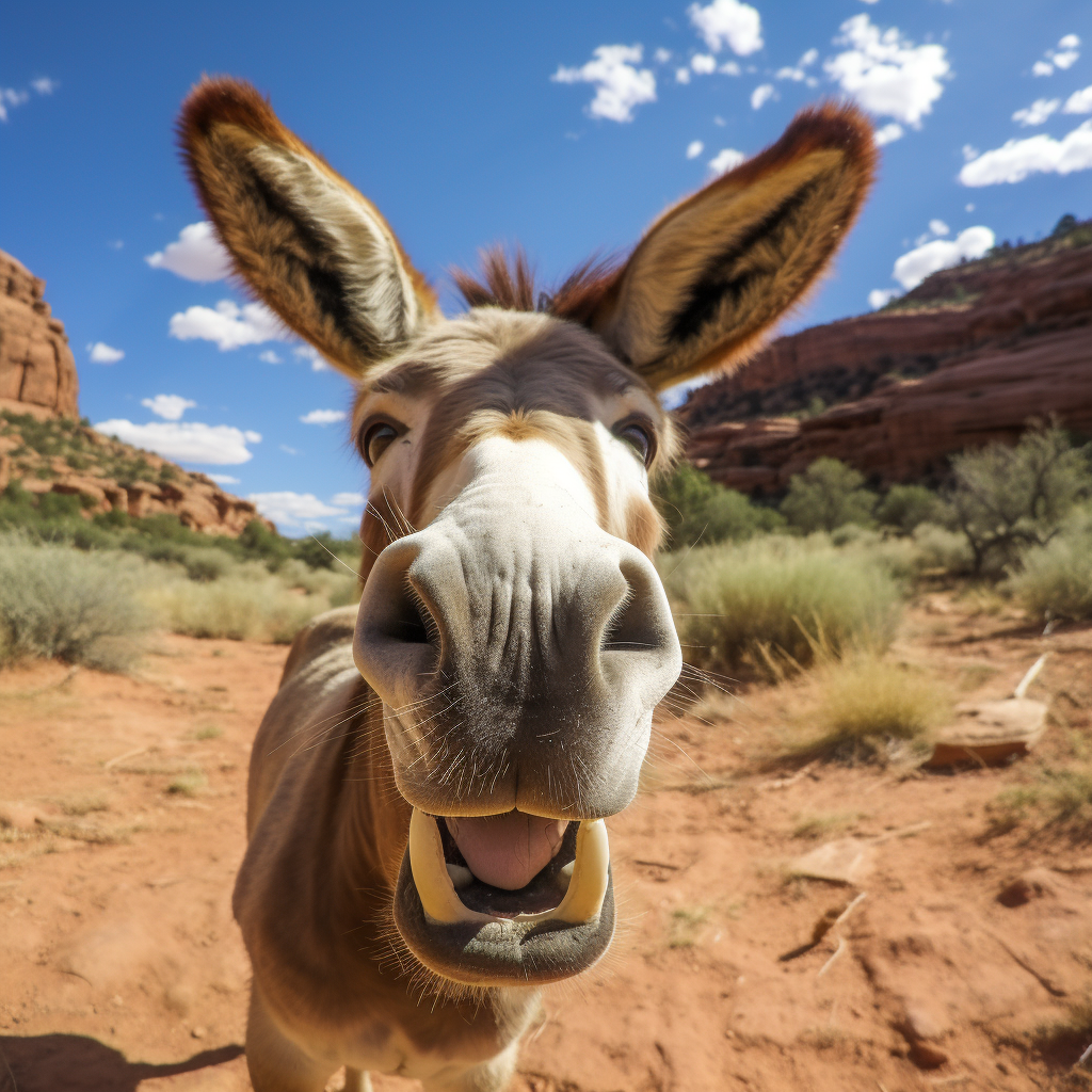 Donkey kicking camera, smiling in Moab