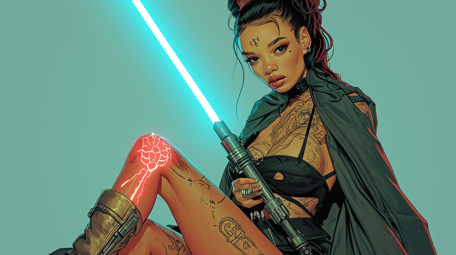 Jedi rockabilly with long hair and lightsaber