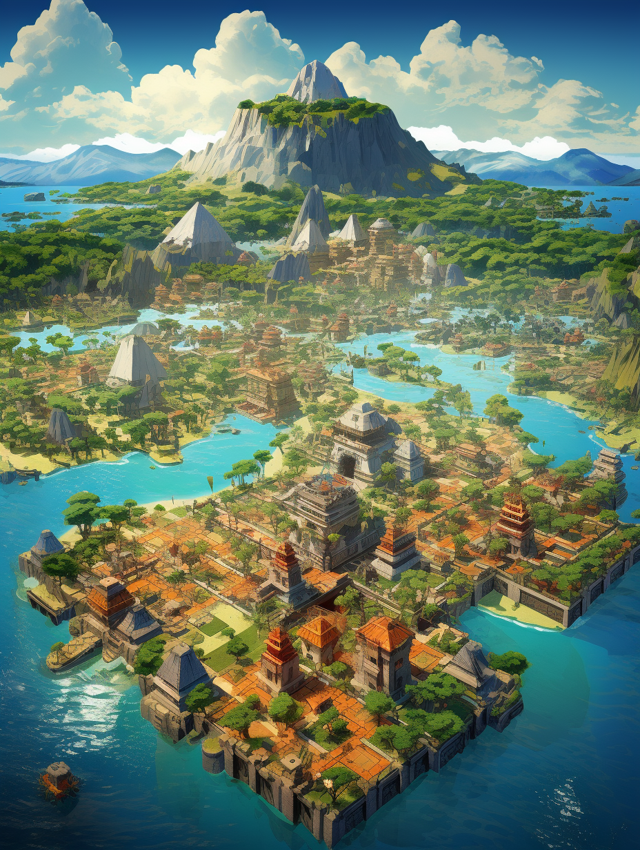 Aerial view of downtown island city with Aztec pyramid and Studio Ghibli