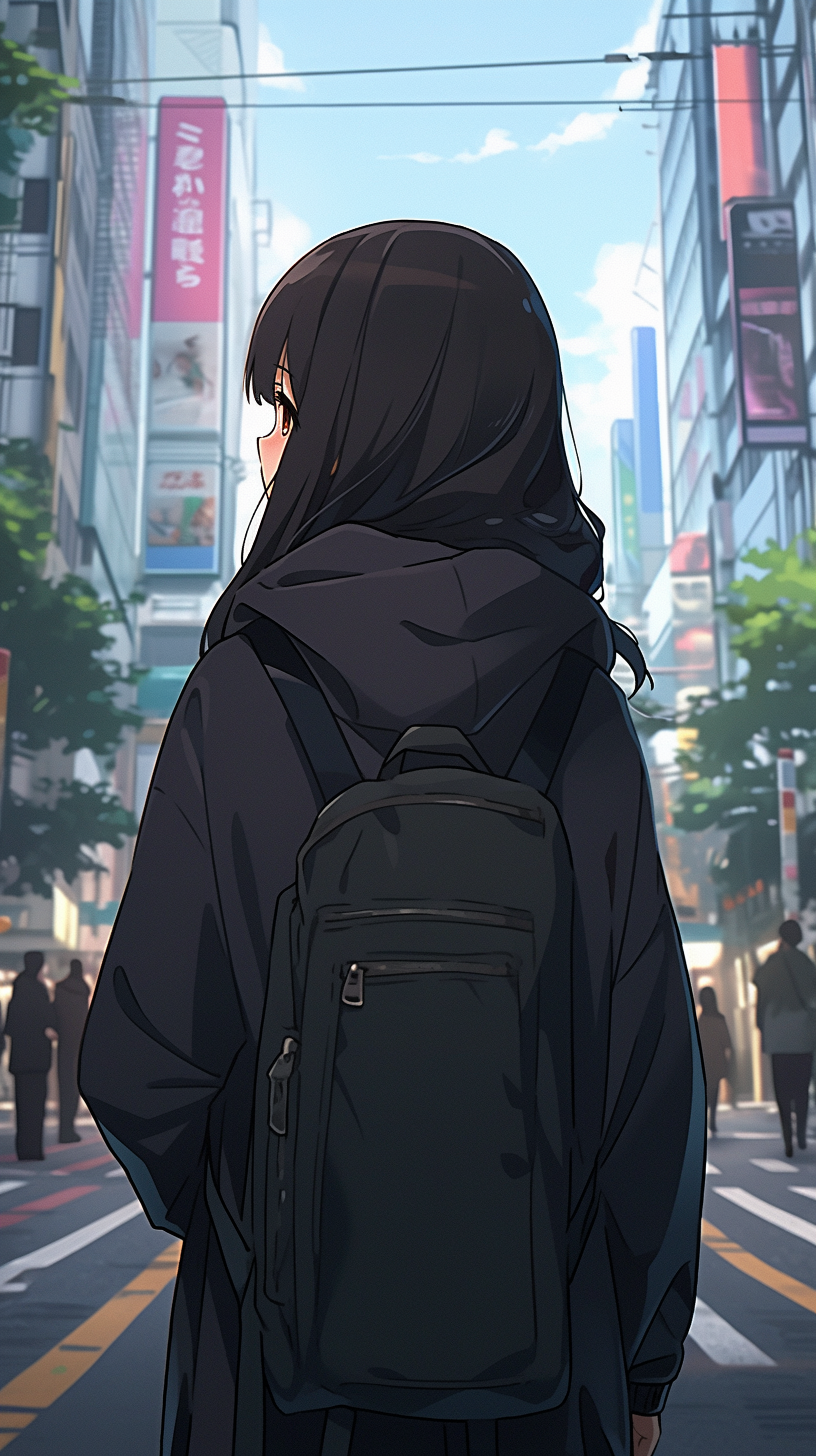 Japanese girl in black hoodie in downtown Tokyo