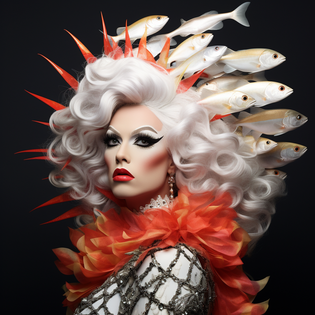 Drag Queen with White Feathers and Fish Scales