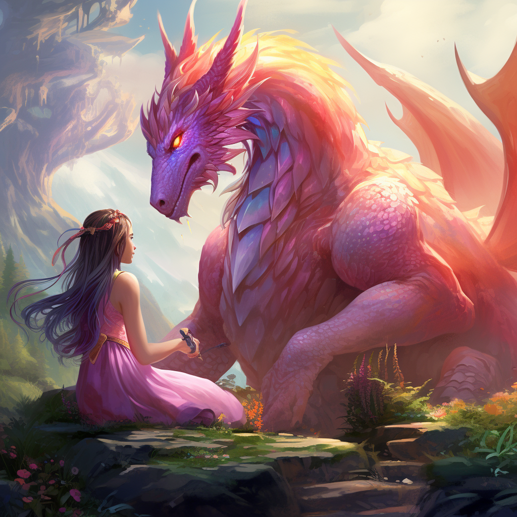 Fantasy dragon woman with purple rabbit