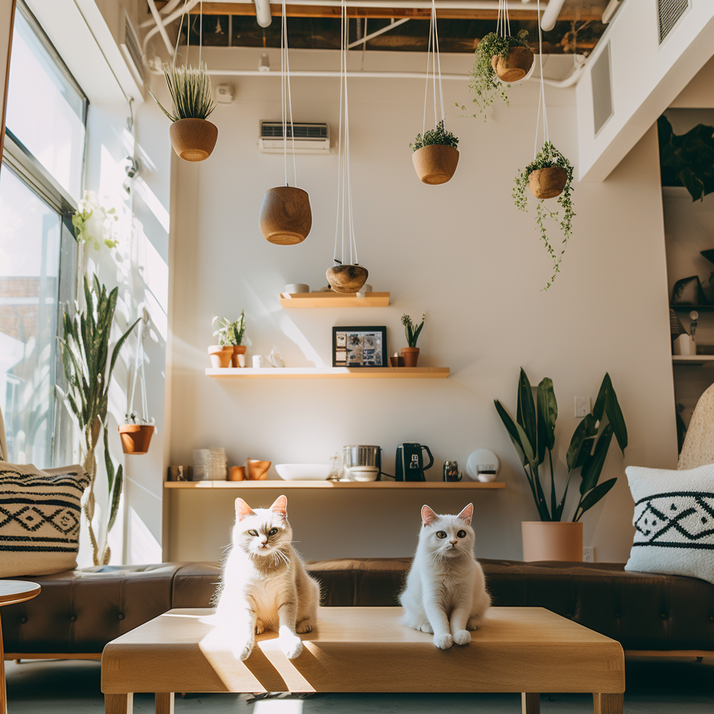 Sophisticated yet casual cat cafe with relaxed vibe