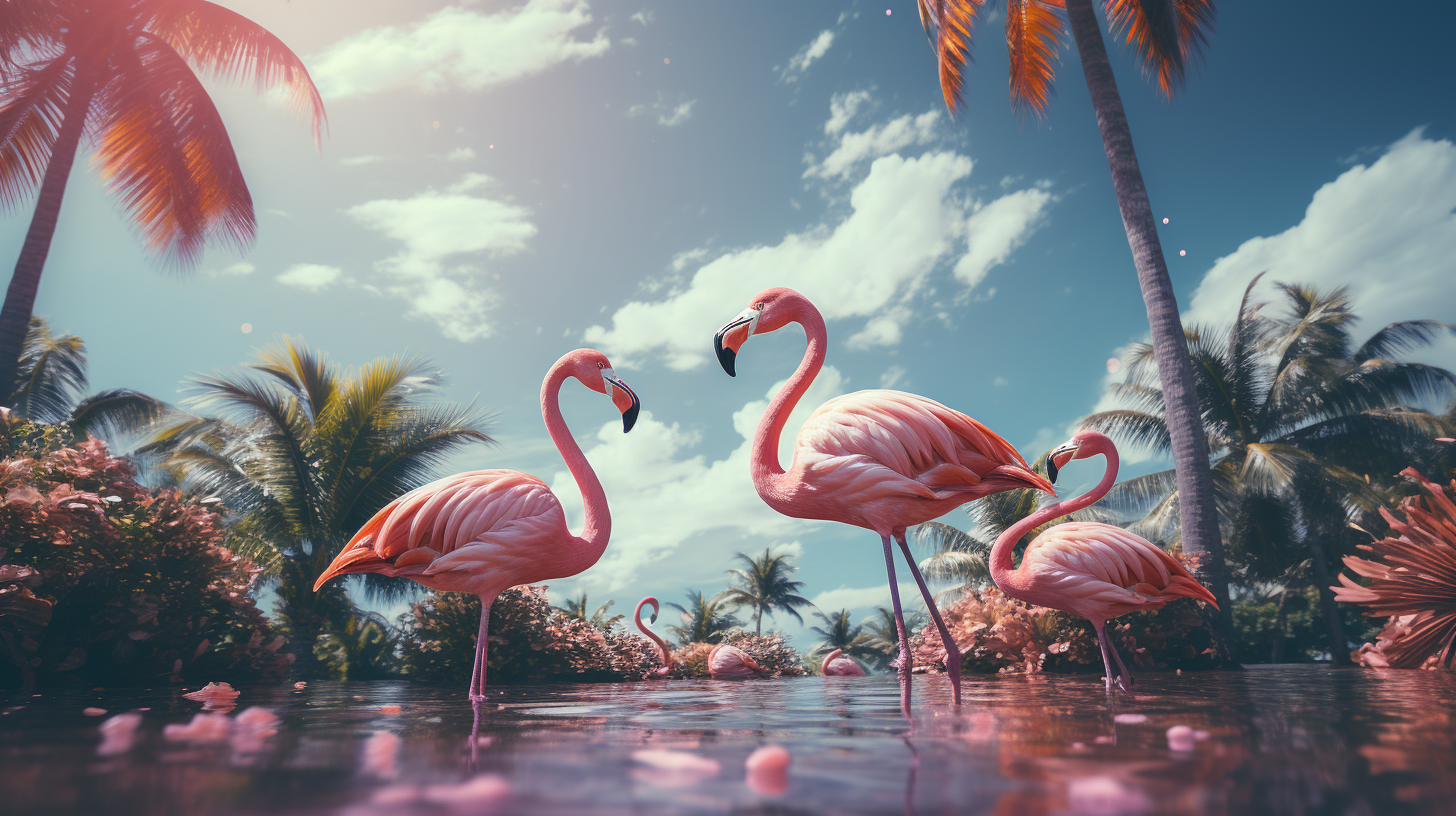 Flamingos floating in pink clouds