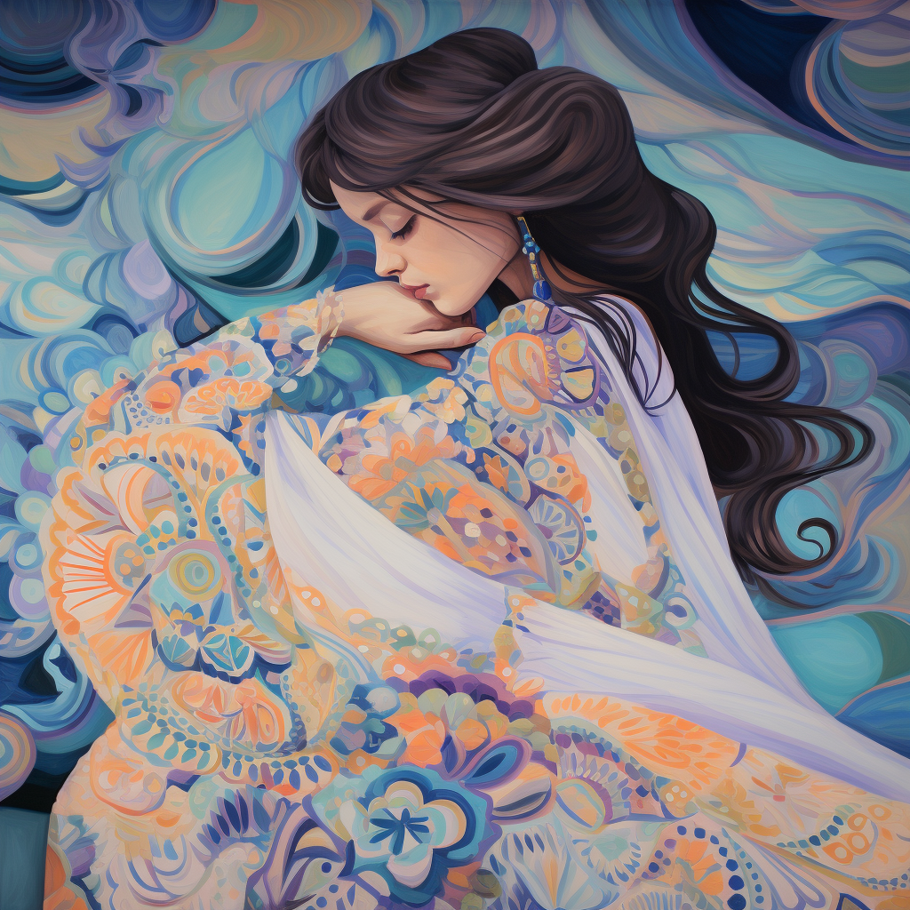 Beautiful dreamy woman in impasto and paisley style