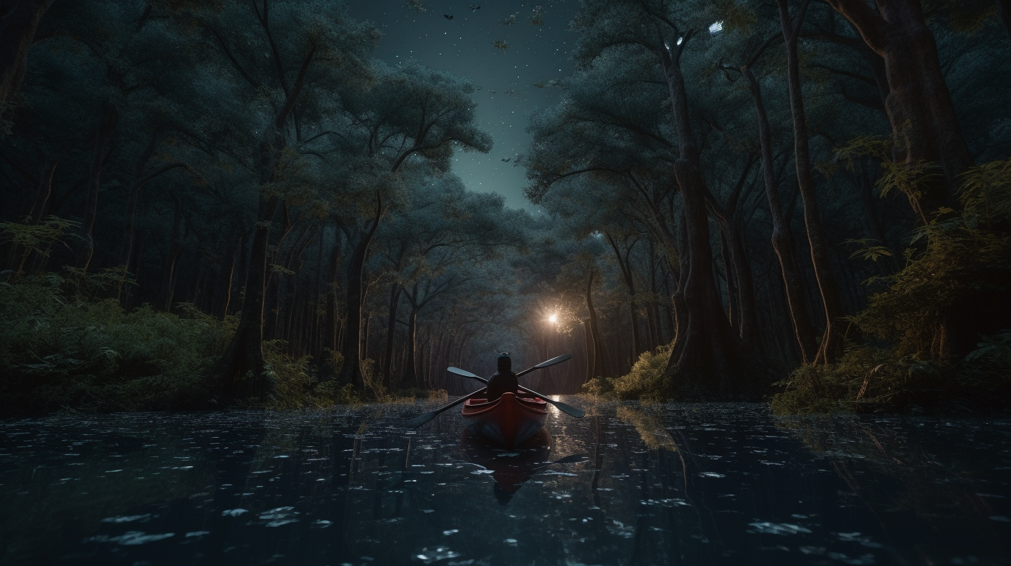 Canoe drifting in dense rainforest