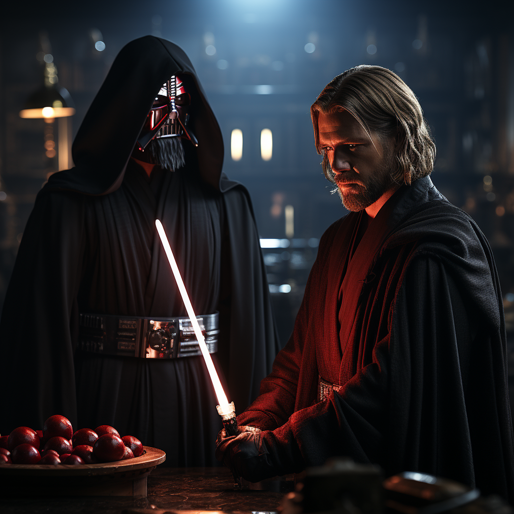 Darth Vader and Obi Wan Kenobi in lightsaber duel