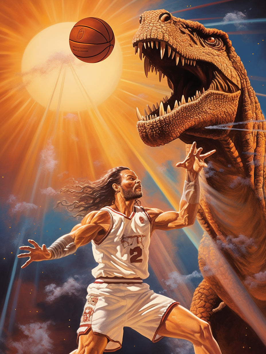 Jesus dunks on T-Rex in heavenly basketball game