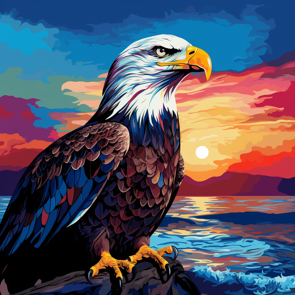 Majestic eagle overlooking ocean at sunset