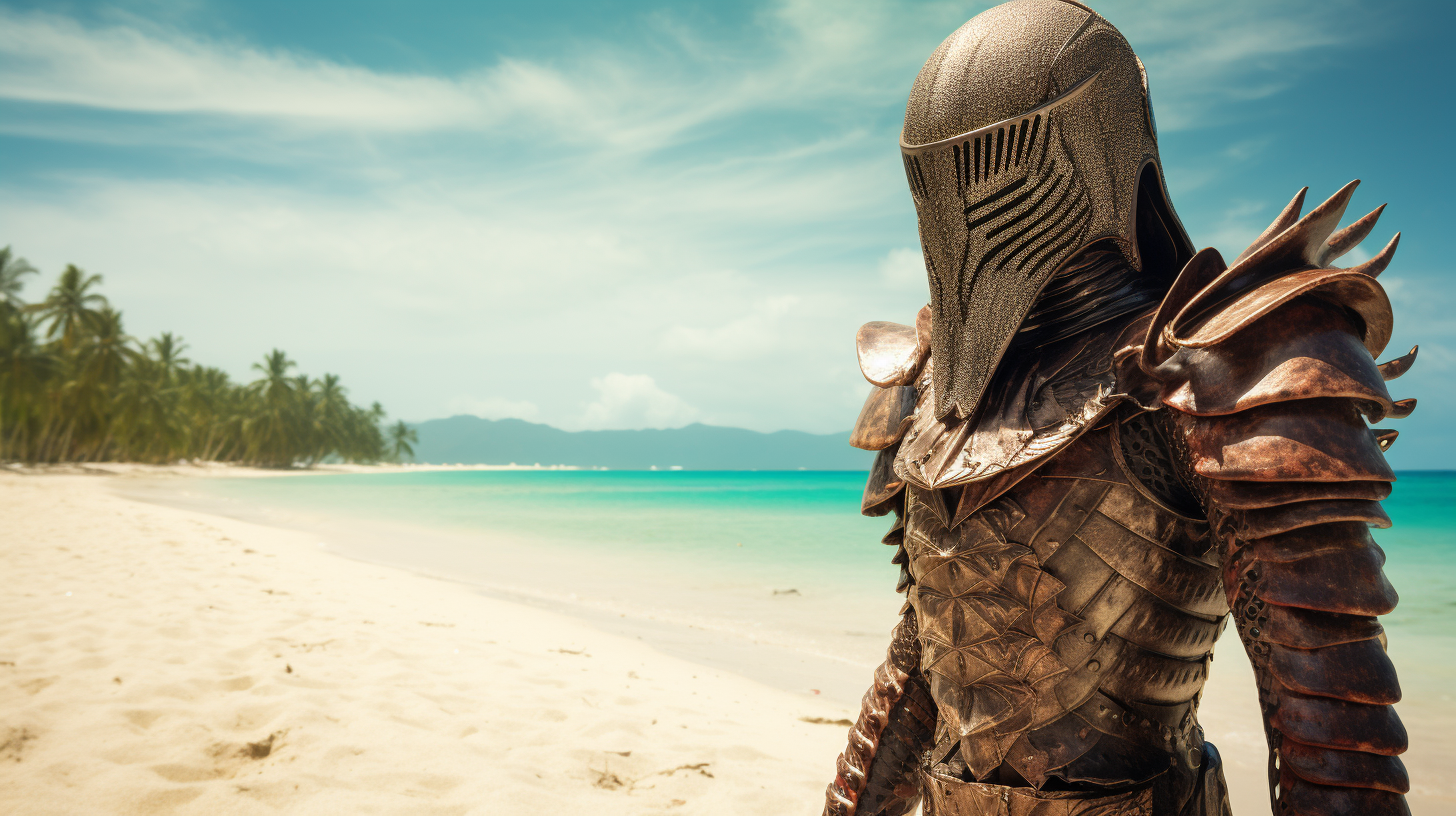 Faceless earthworm in medieval armor on tropical beach