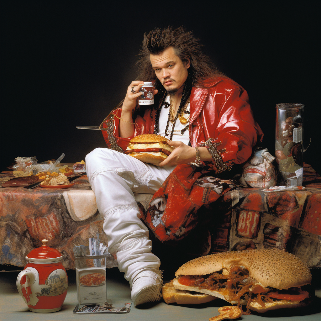 Eddie Van Halen with Coat Tails and Portly Son Eating Hamburger