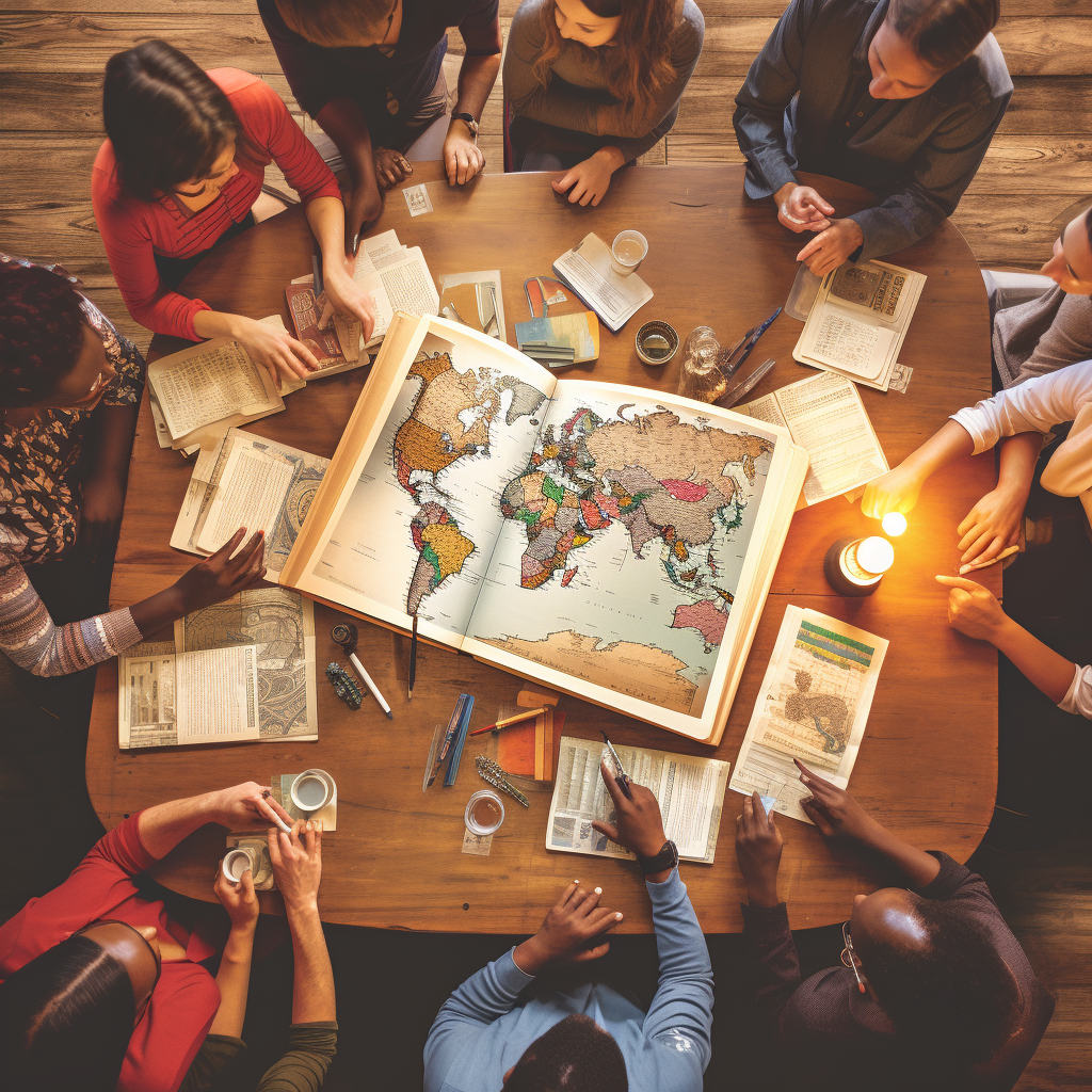 People around table with educational materials