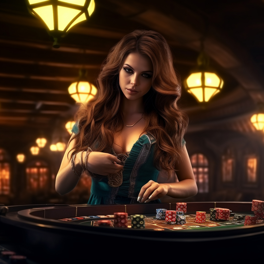 Young girl at roulette table in eerie steampunk casino