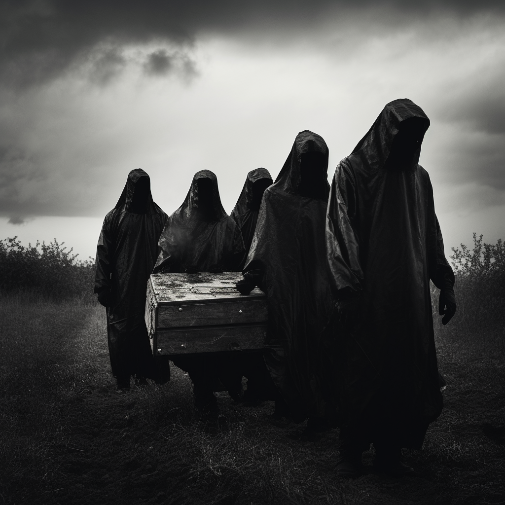 Shrouded pallbearers in surreal scene