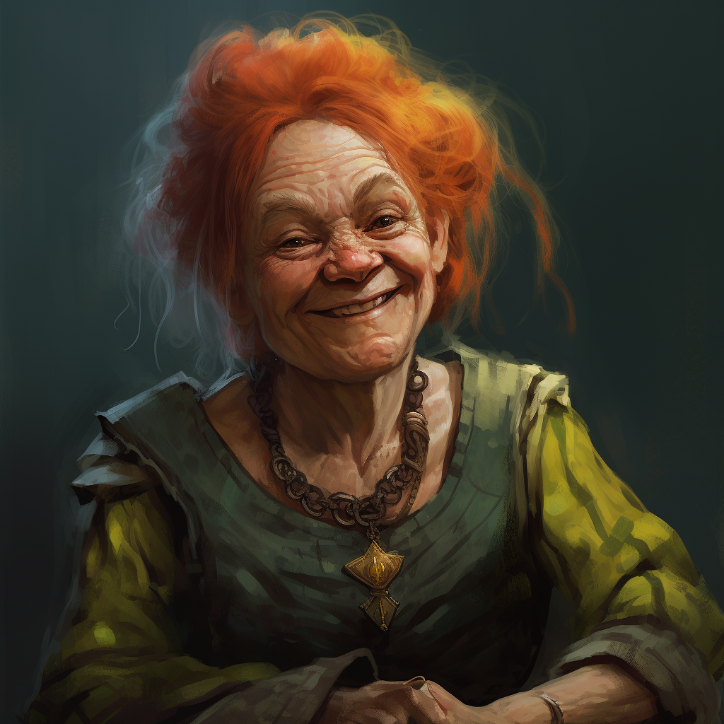 Smiling elderly female dwarf in fantasy attire