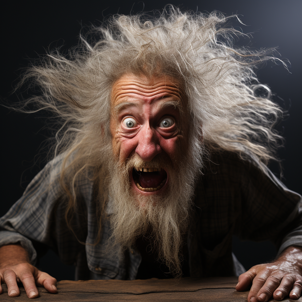 Elderly man in terror with wind blowing his hair