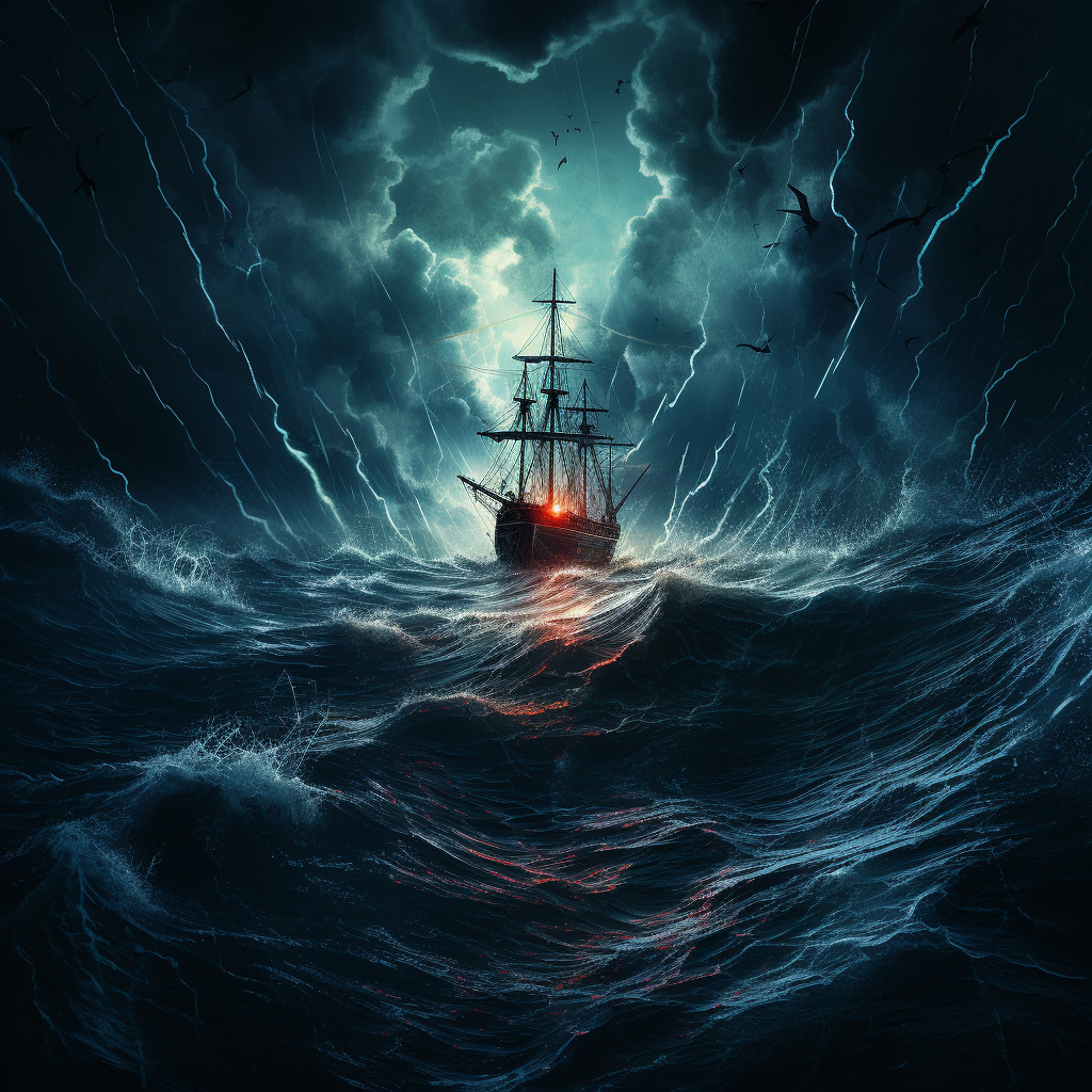 Electric storm at sea at night