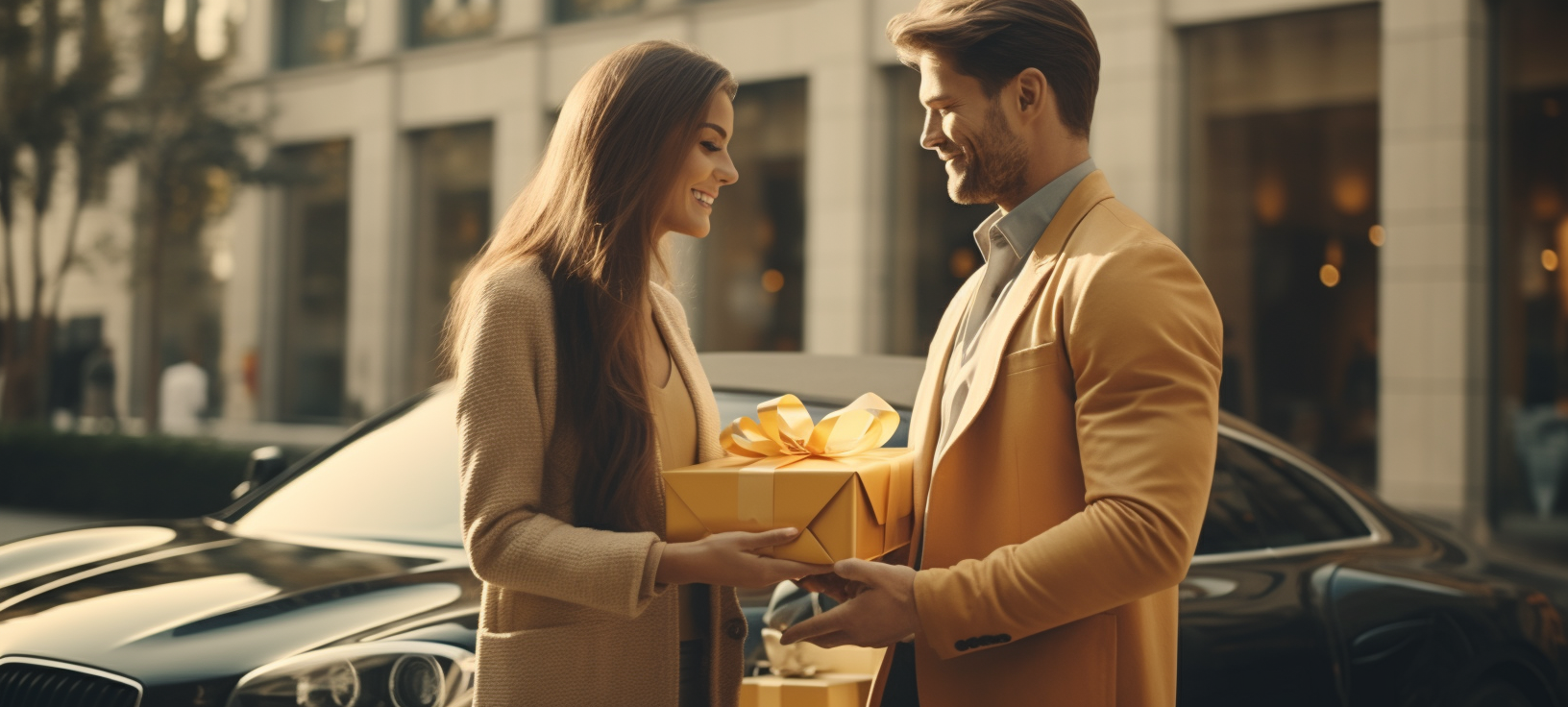 Elegant couple exchange gifts on autumn street