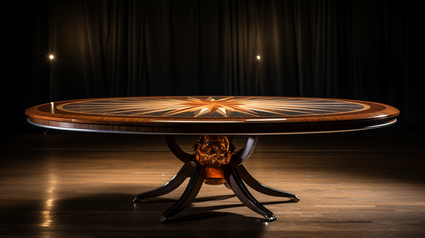 Elegant wooden dining table with marquetry pattern