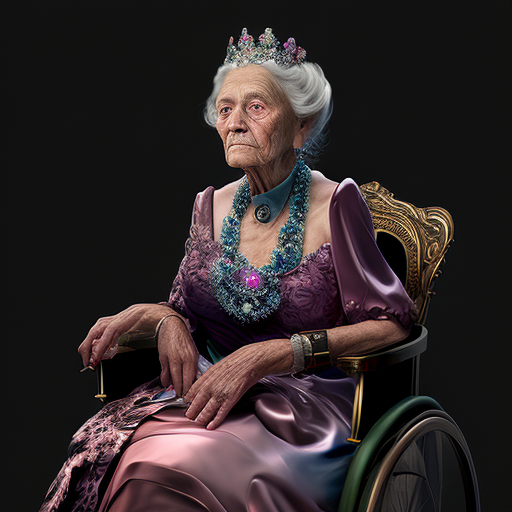 Elderly Royalty Woman in Wheelchair with Jewelry