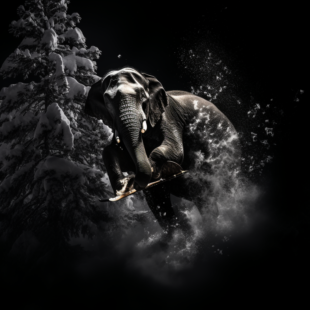 Elephant skiing crashing into tree