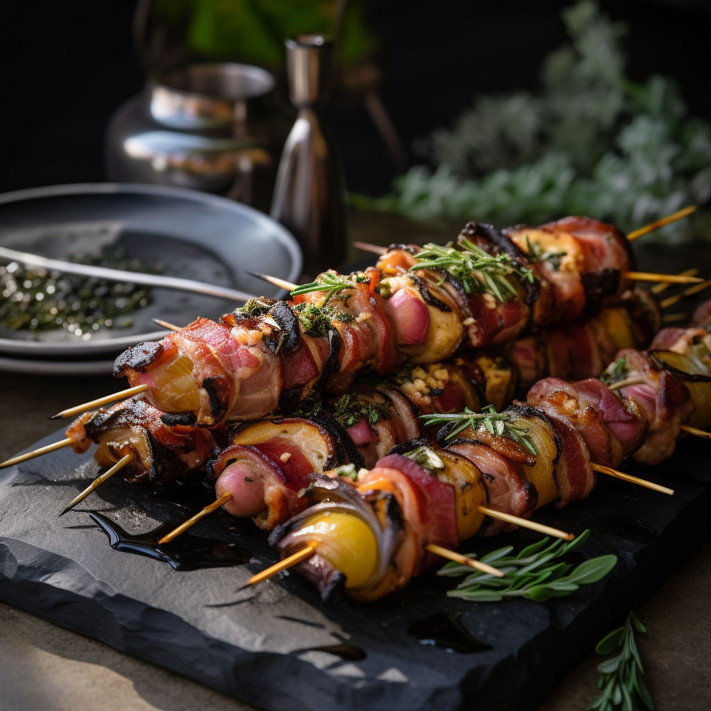 Tasty saltimbocca skewers displayed on a charcoal stand