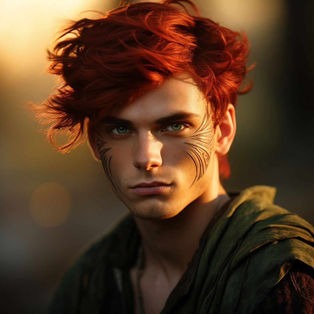 Stunning elf man with sunset eyes and dark red hair