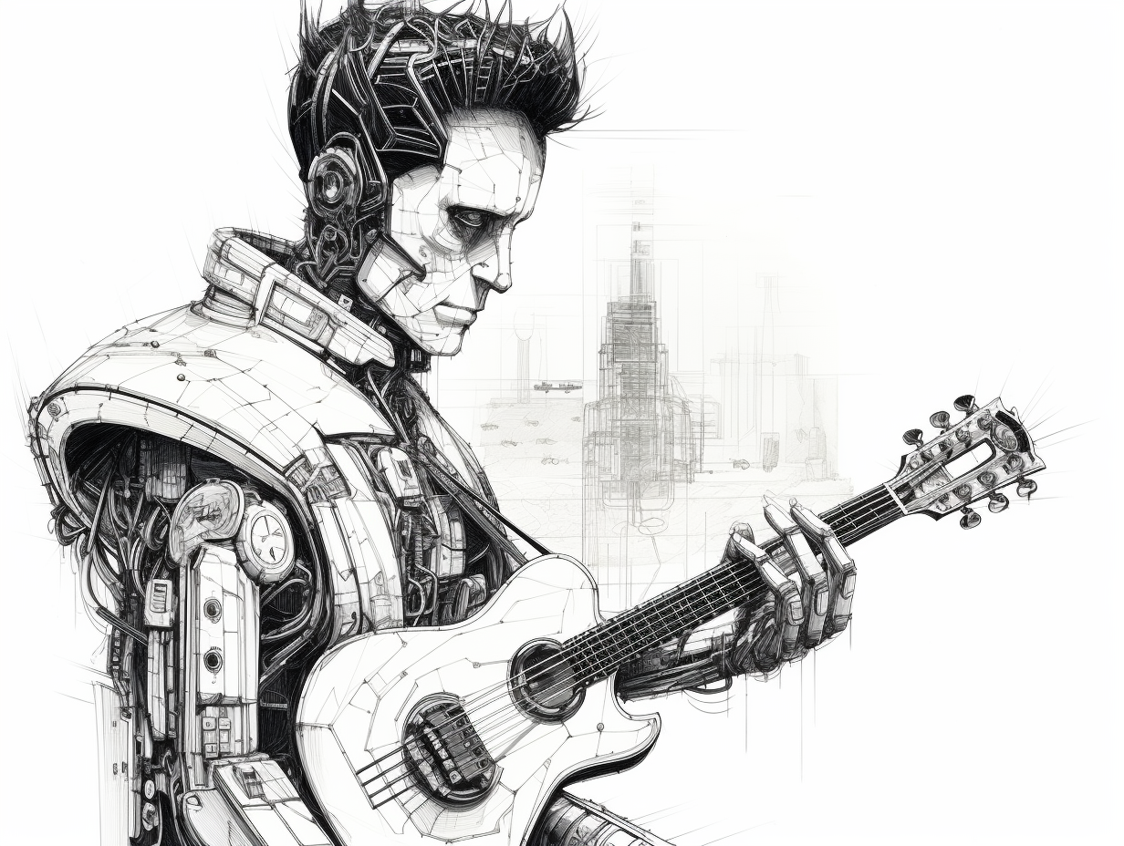 Amateurish black & white pen & ink sketch of an Elvis-style guitar-playing robot