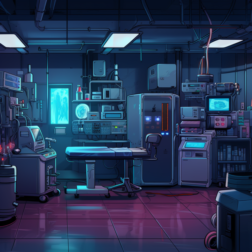 Medical instruments in cyberpunk-style emergency room