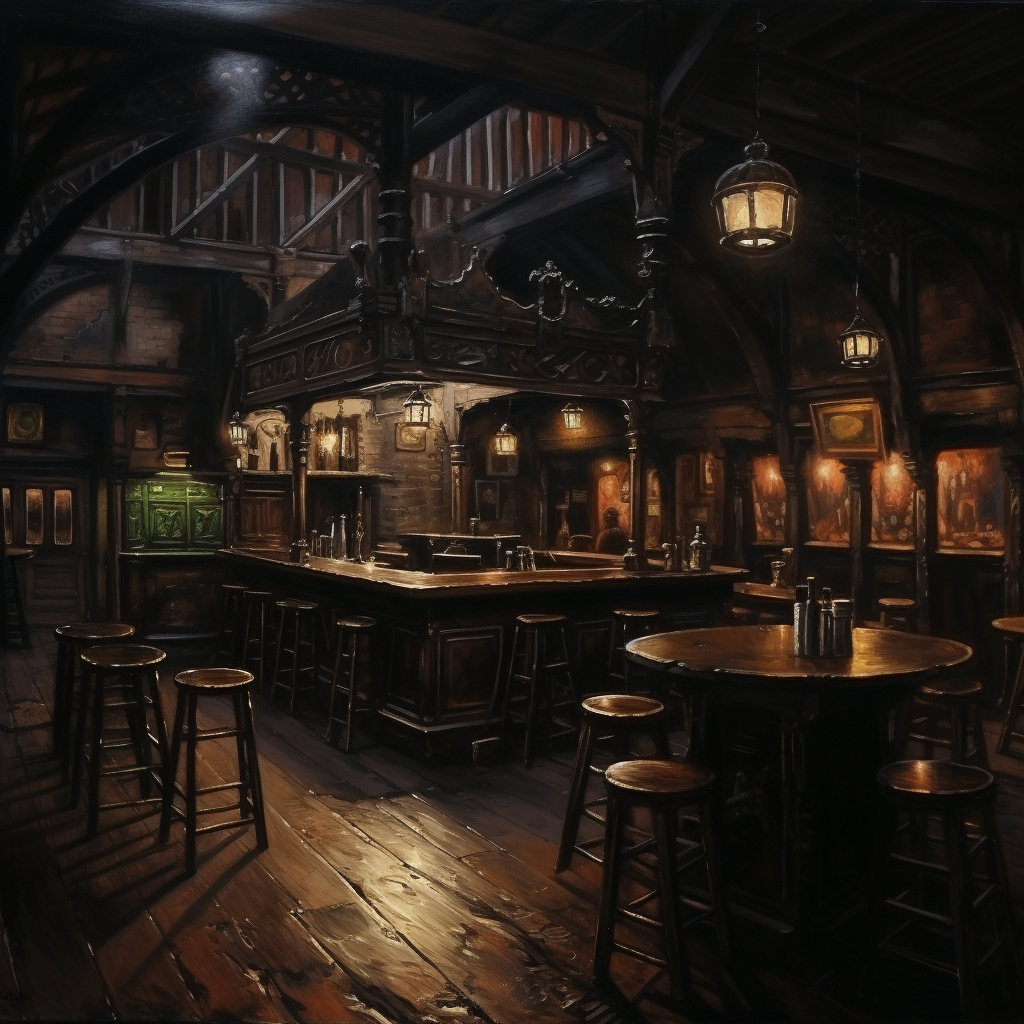 Well-lit empty medieval Irish pub oil painting