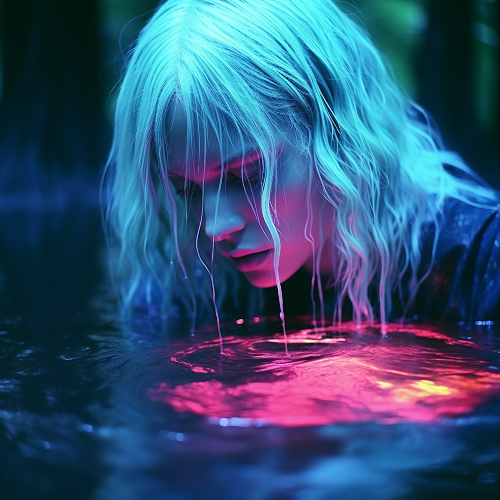 Cloaked girl looking into neon pool in enchanted forest