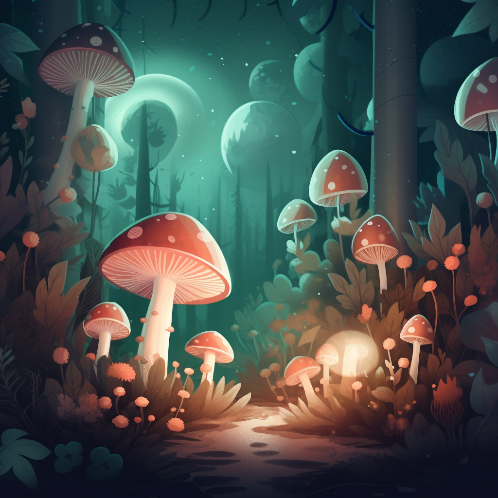 Whimsical mushrooms dancing in a moonlit glade