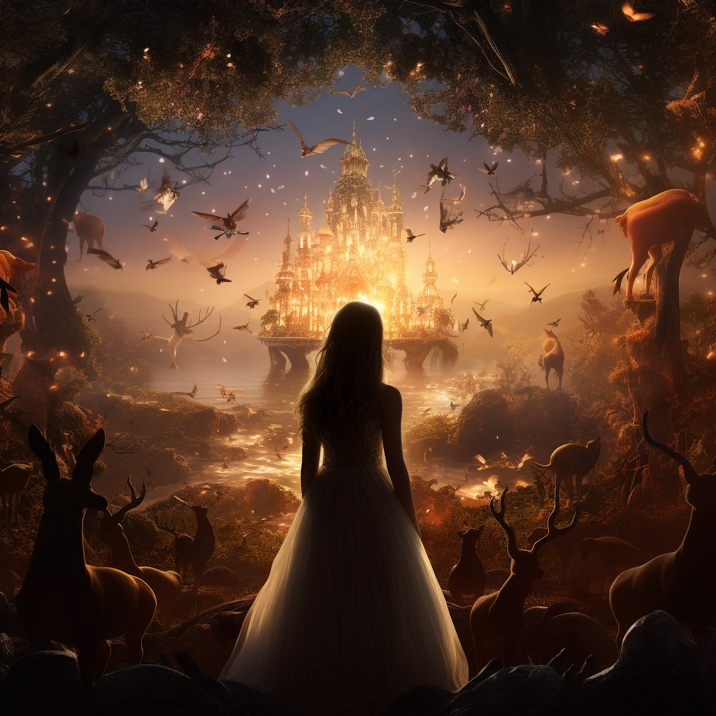 Princess silhouette in enchanted forest with animals and fairies