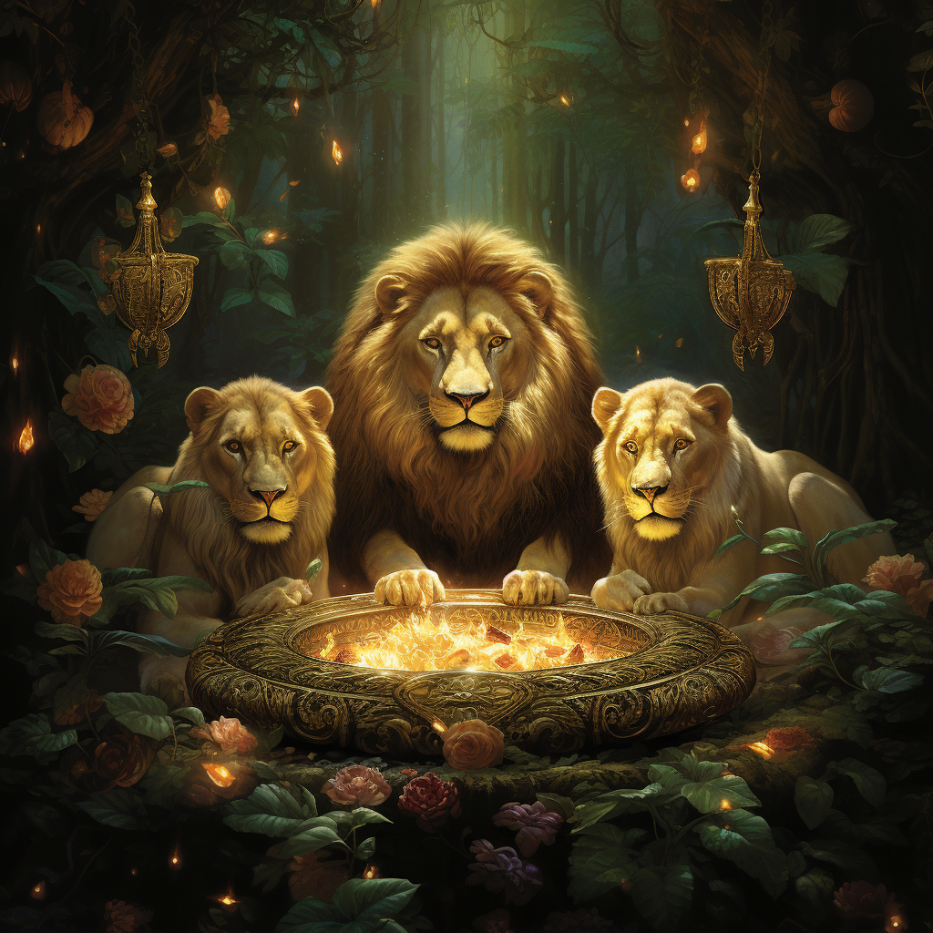 Three majestic lions surrounded by gold coins