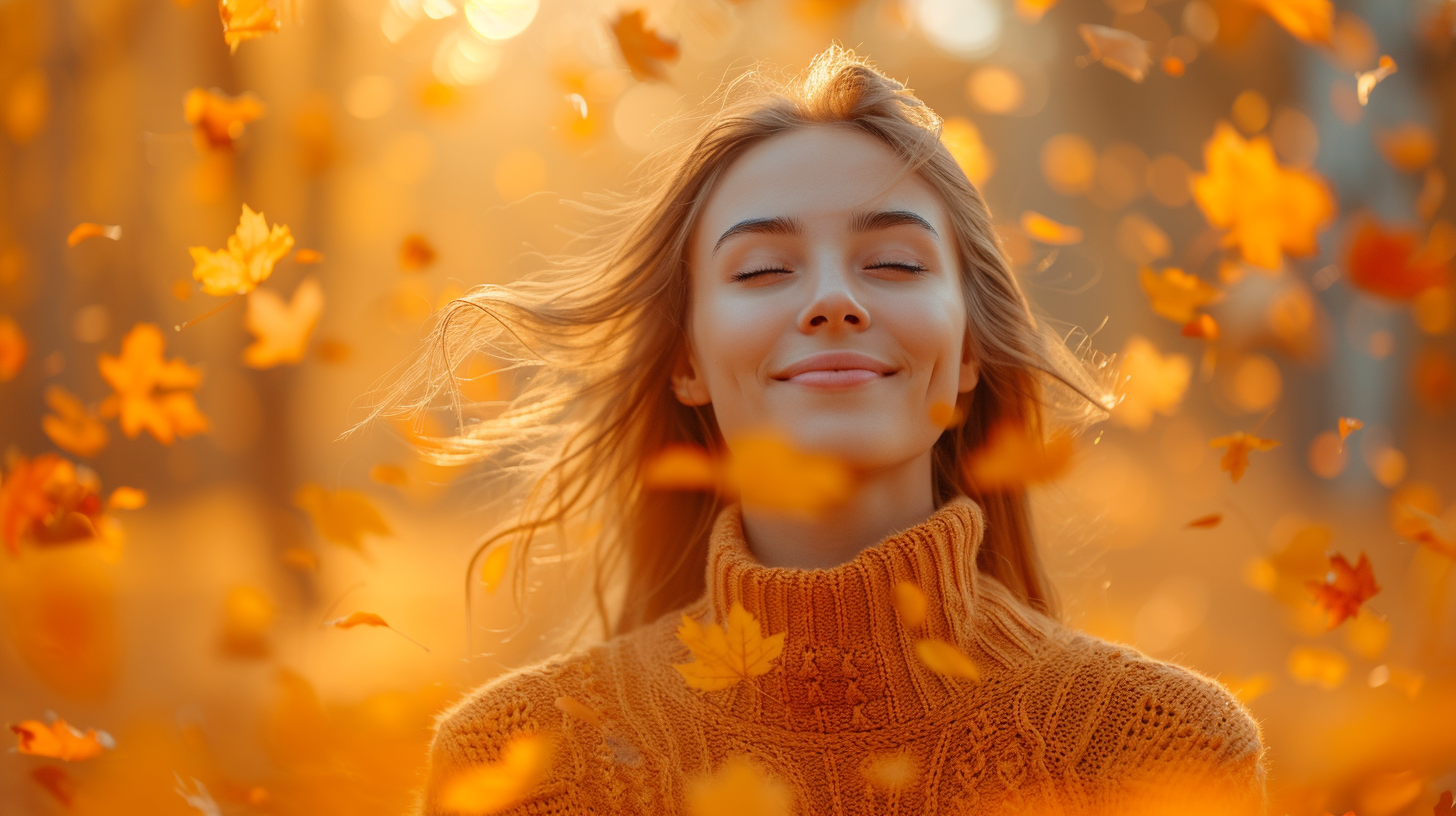 Energetic woman with long hair surrounded by orange leaves