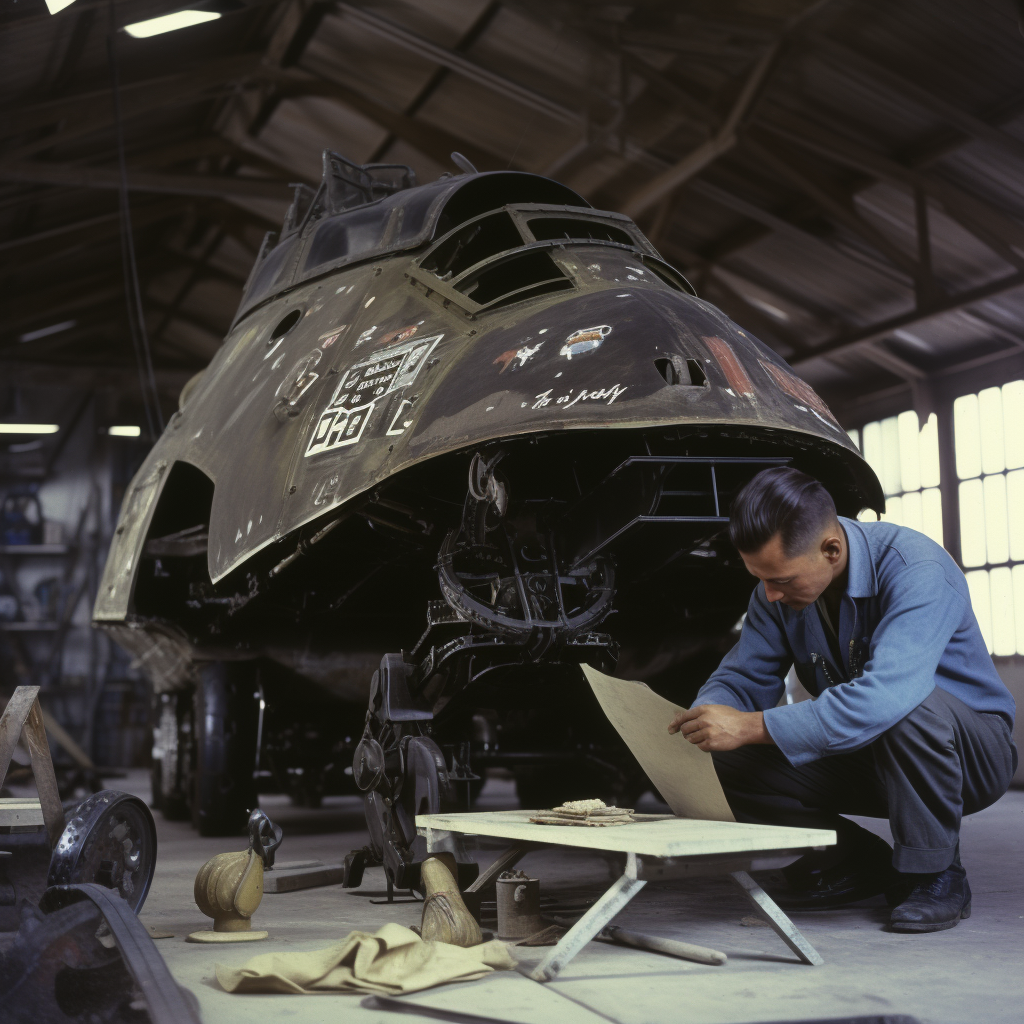 Engineers working on tank mechanism in garage