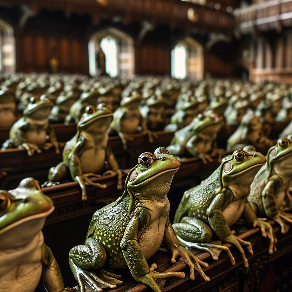 Frogs resembling Kermit taking over English Parliament