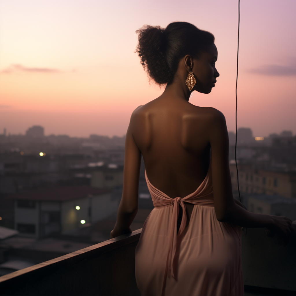 Young Ethiopian Woman in Pink Dress at Twilight