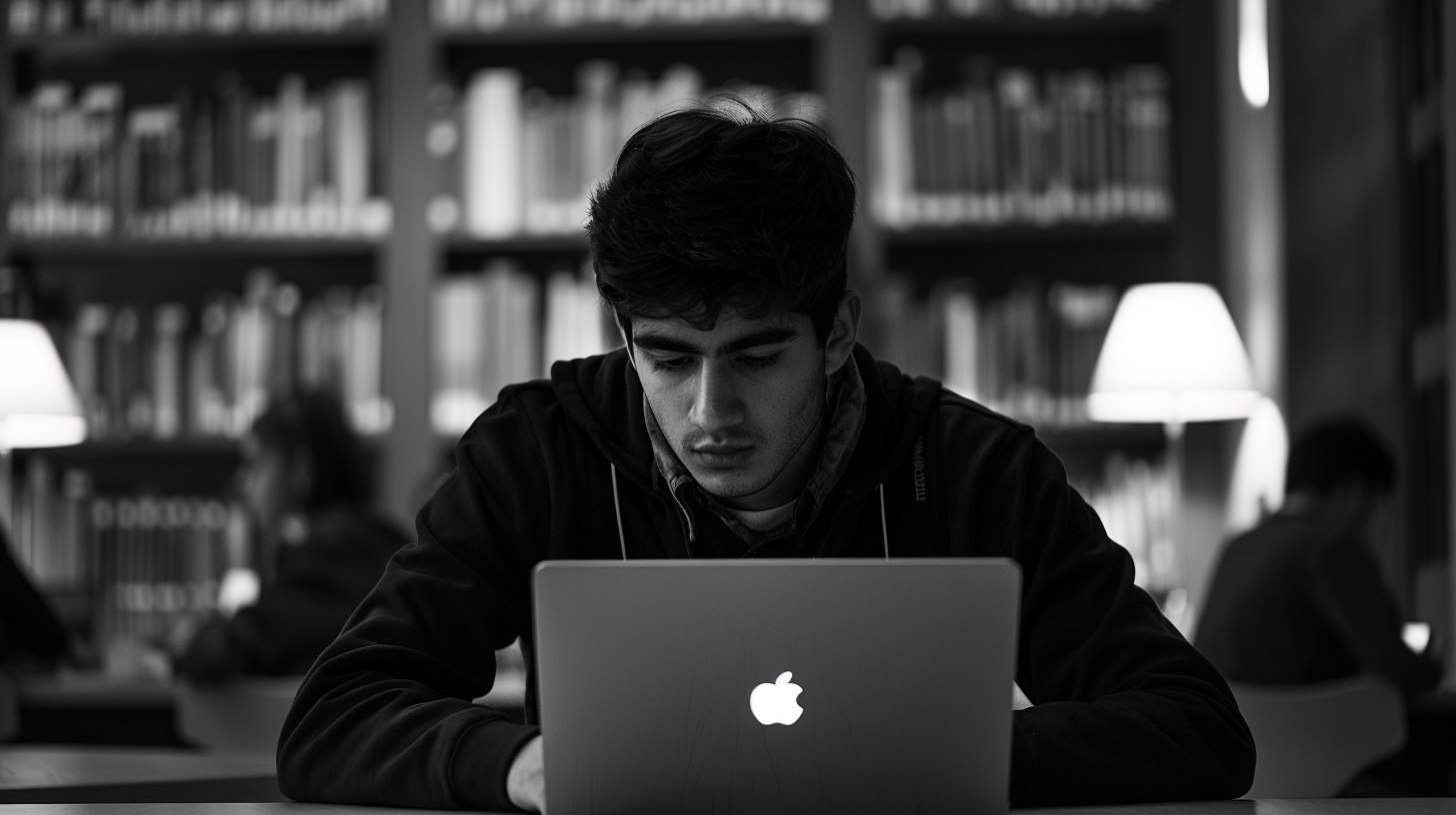 European student using MacBook in classroom