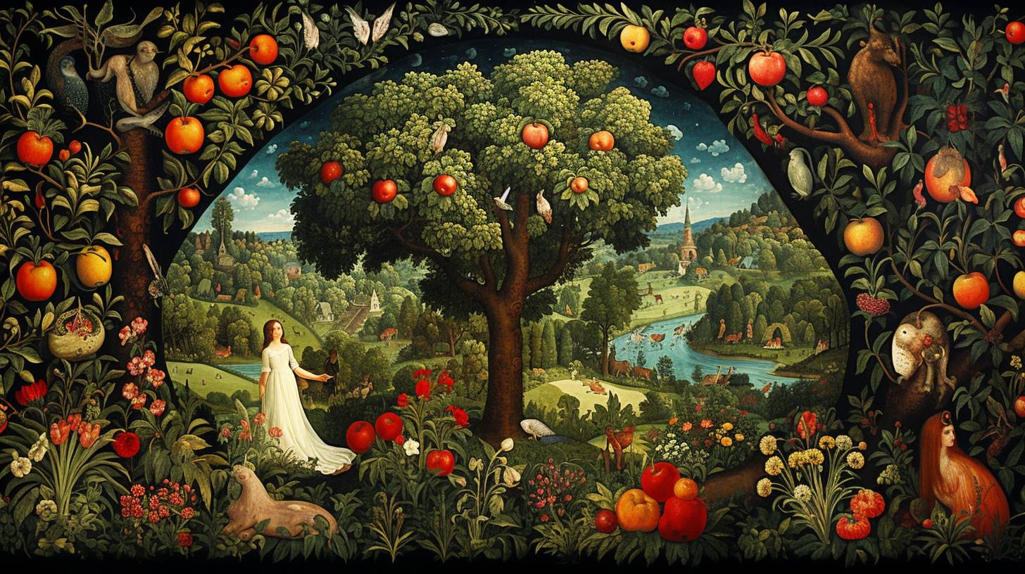 Eve in the Garden of Eden, surrounded by lush paradise