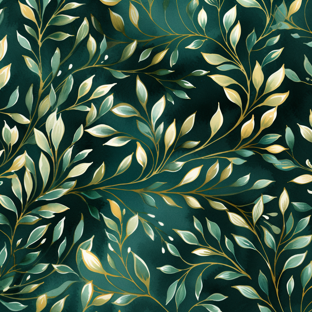 Evergreen Watercolor with Gold Floral Pattern