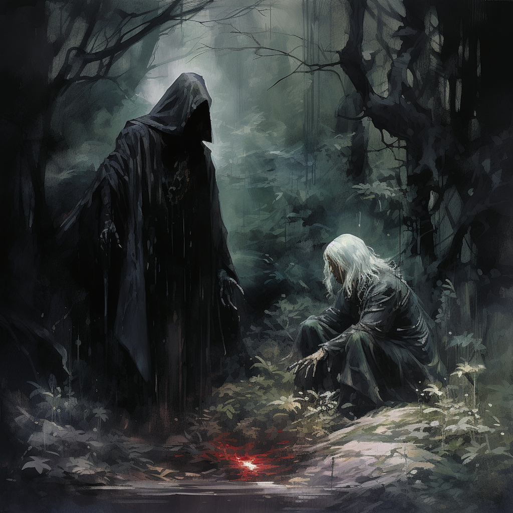 Evil spirit corrupting man in dark forest