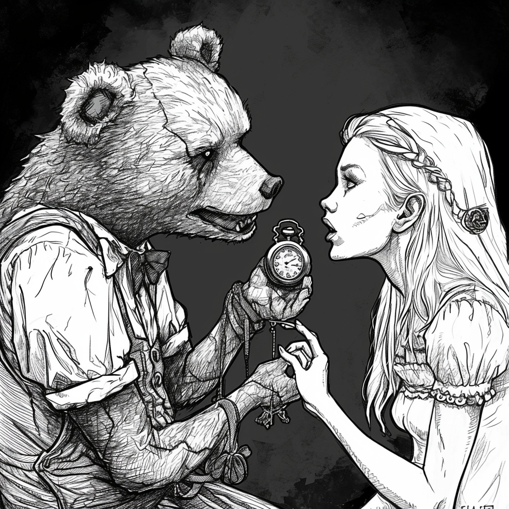 Evil Teddybear Hypnotizing Blond Woman with Pocket Watch.