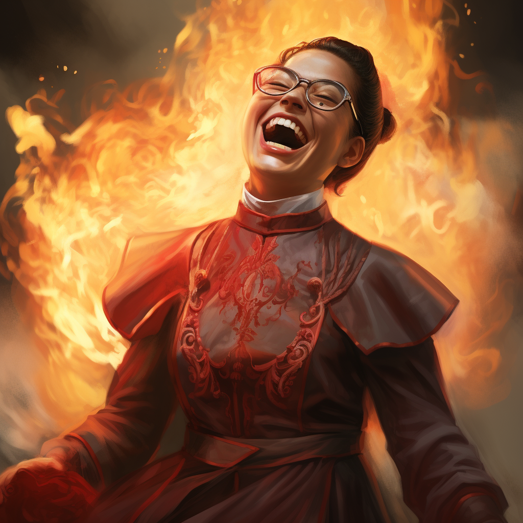 Hispanic female with evil laugh and round glasses burning robes