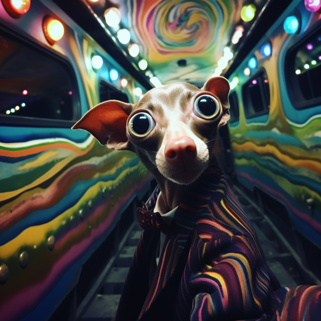 Excited Italian Greyhound in front of Psychedelic Train